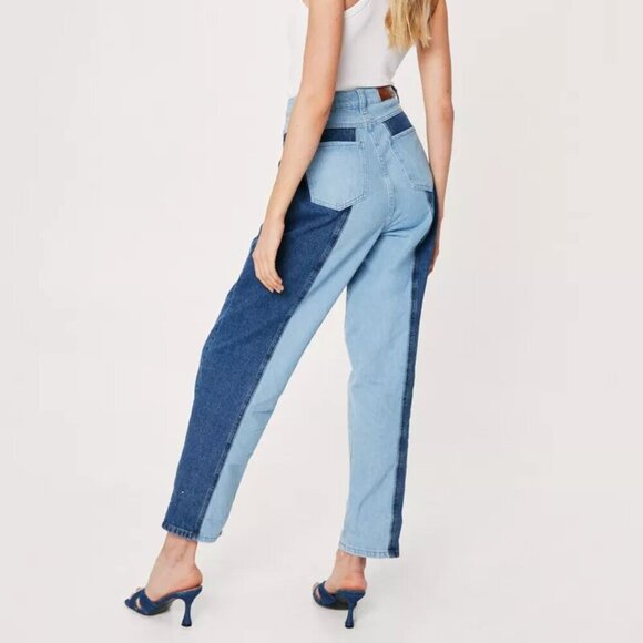 Nasty Gal Collection Jeans Two Tone Denim Mom Jeans. Light/Dark Blue. Size 10 - Picture 15 of 16